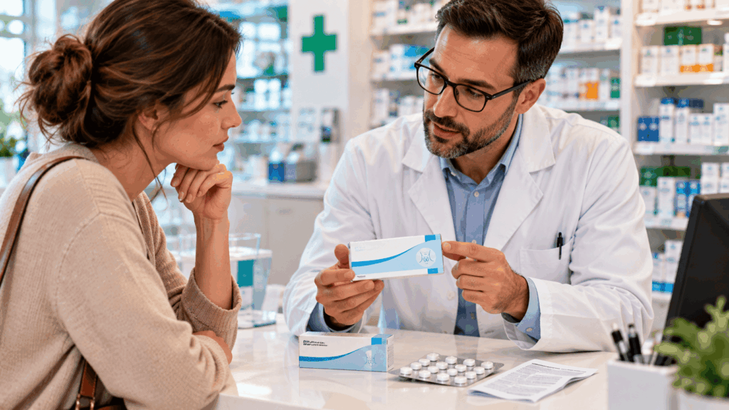 Une femme demandant des comprimés d'iode en pharmacie