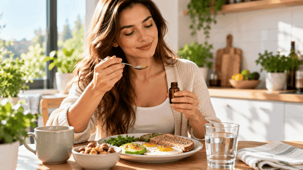 Une femme prenant de la vitamine D au petit-déjeuner