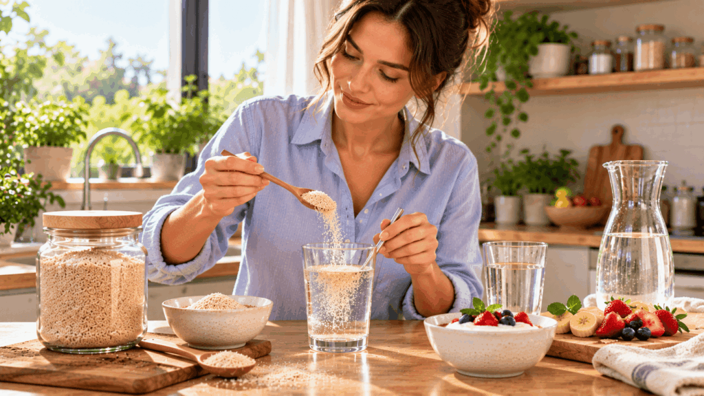 Une femme préparant du psyllium blond dans un verre d'eau