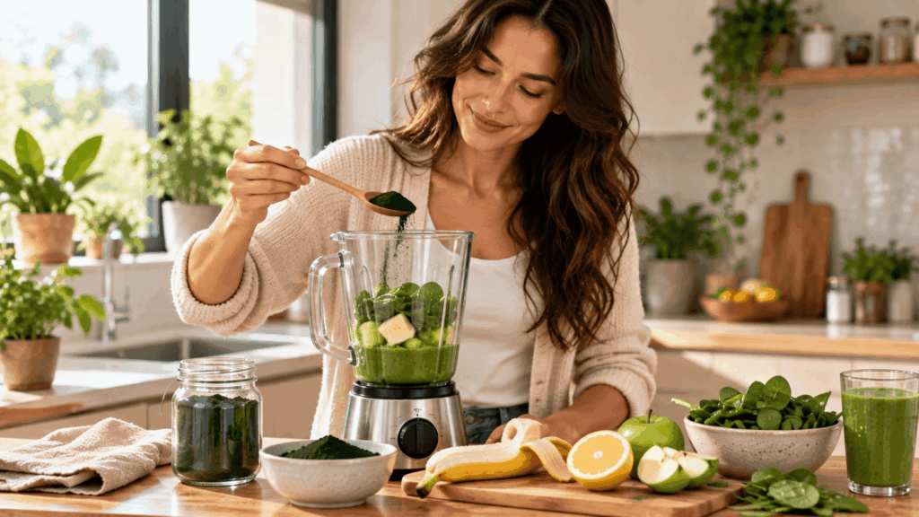 Une femme préparant un smoothie à la spiruline