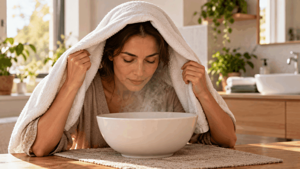 Une femme réalisant une inhalation de vapeur à domicile