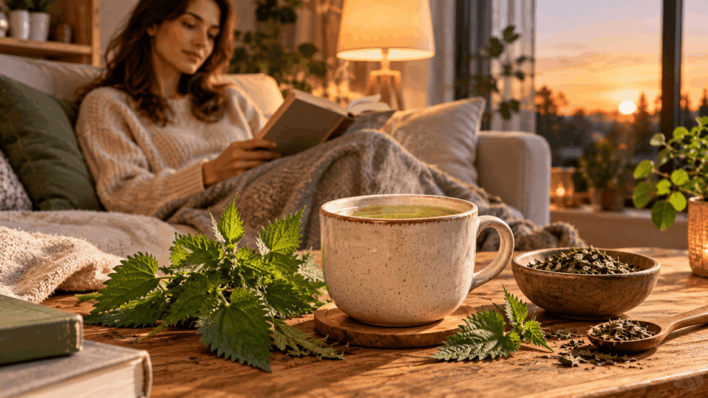Une tisane d'ortie dans une ambiance douce et apaisante en soirée