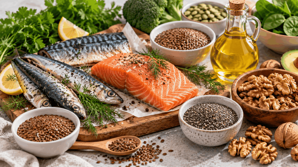 une table claire une sélection harmonieuse d’aliments naturellement riches en oméga 3