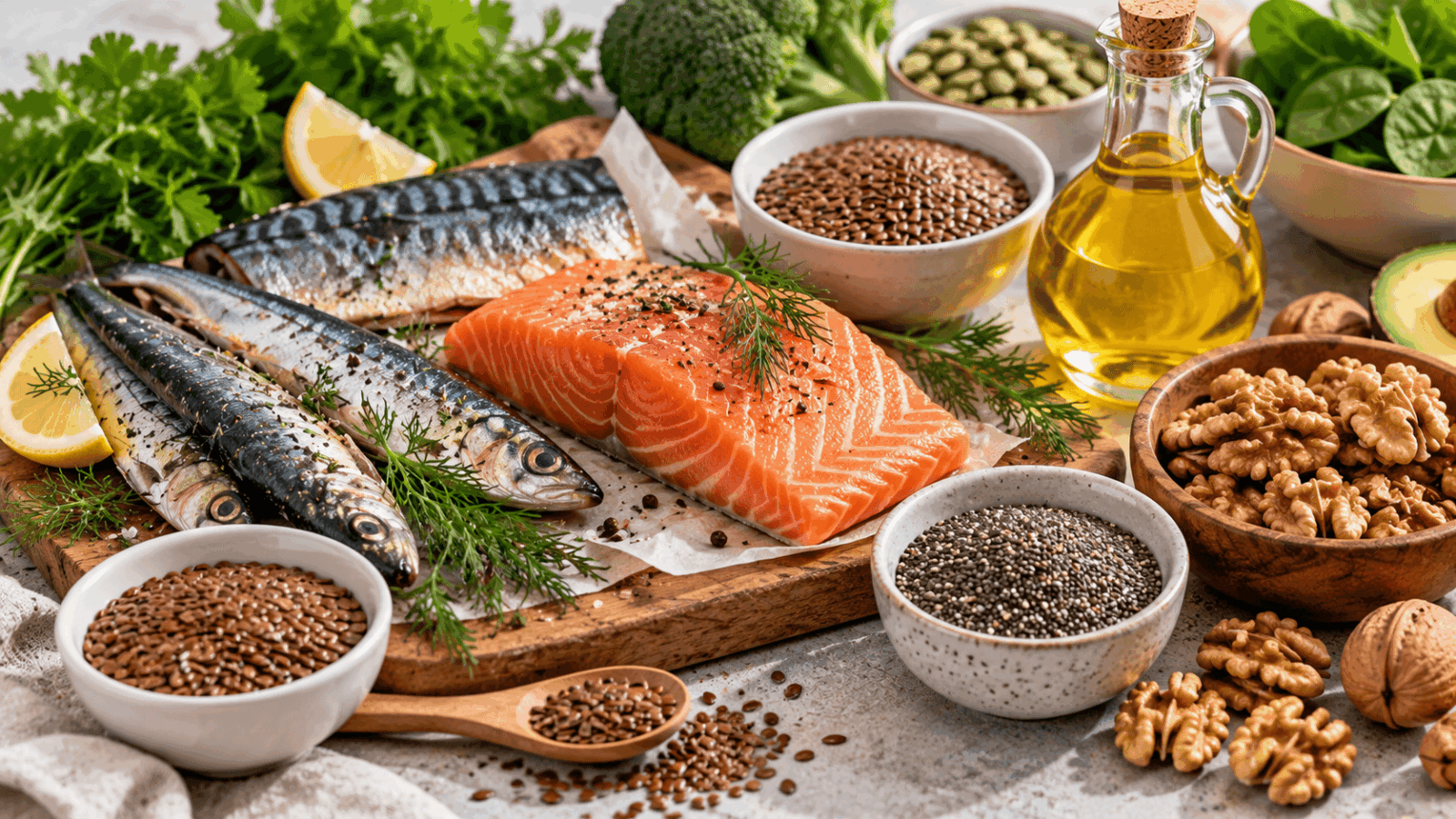 une table claire une sélection harmonieuse d’aliments naturellement riches en oméga 3